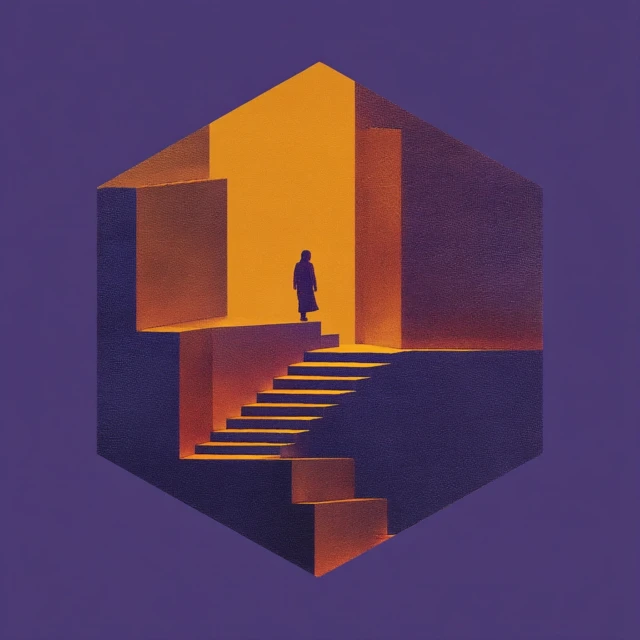 Spiritual Growth: Woman Climbing Golden Stairs