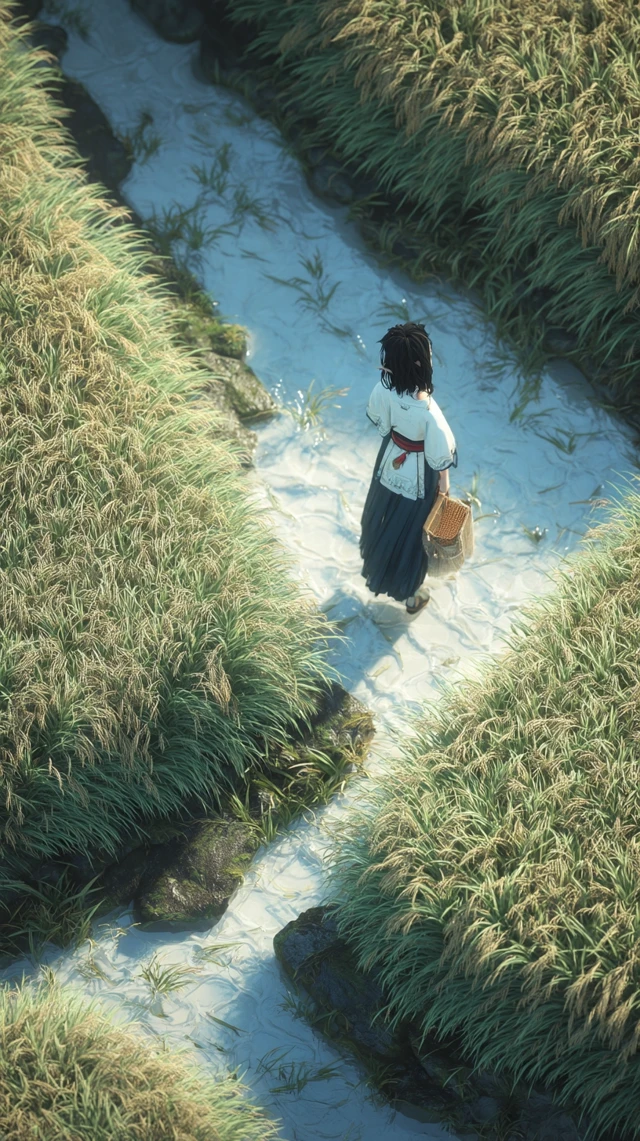 Ancient Farmer Strolling Rice Field 3D Illustration