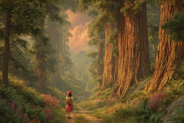 Girl Scout in Redwood Forest Golden Hour 3D Render