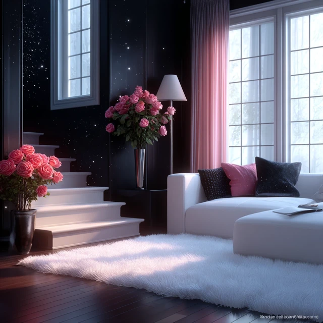 Minimalist Dark Interior Design with Pink Roses
