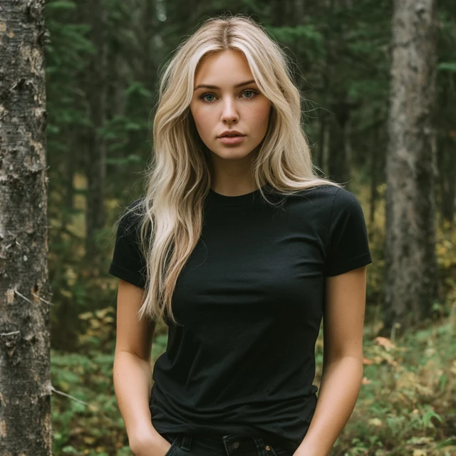 Blonde Girl in Black T-shirt in Montana Forest
