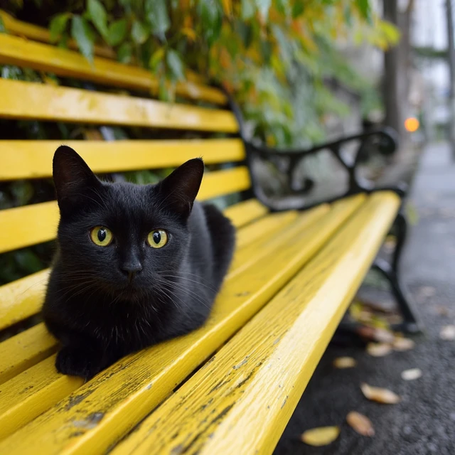 Black Cat Sitting on Yellow Bench