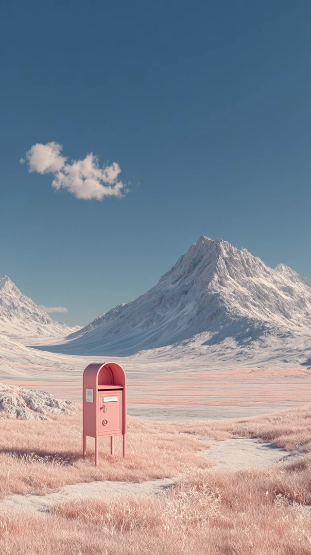 Surreal Mountain Landscape with Pink Mailbox