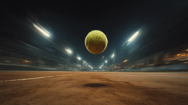 Tennis Ball Landing on Clay Court Night Game