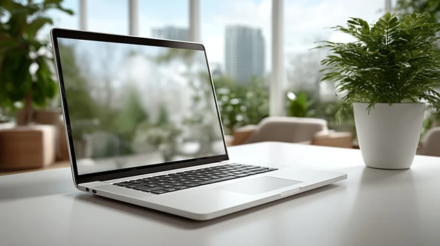Modern Laptop on Desk Minimalist Office Design