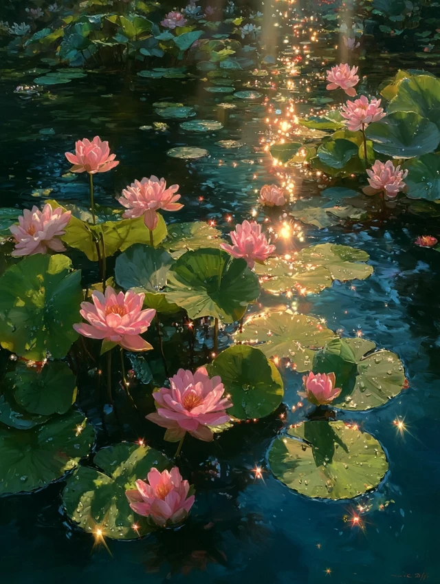 Lotus Pond Painting Golden Hour Impressionistic Art
