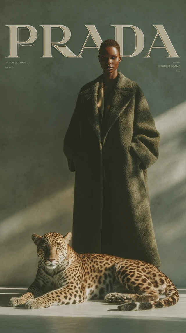 Black Woman in Elegant Coat with Pet Inspired by Vogue