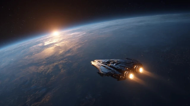 Spaceship Orbiting Planet Cinematic Space Art