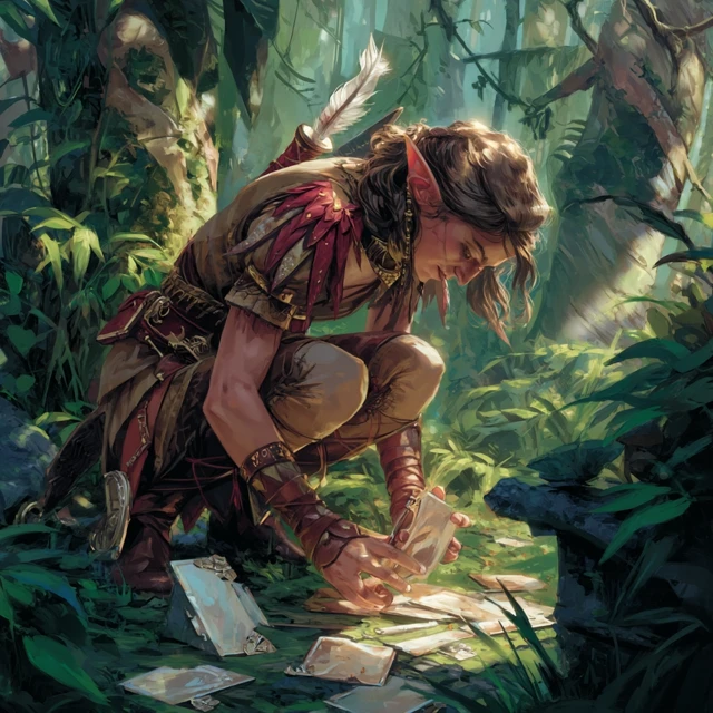 Fantasy Elf Artificer in Jungle Searching Artifacts