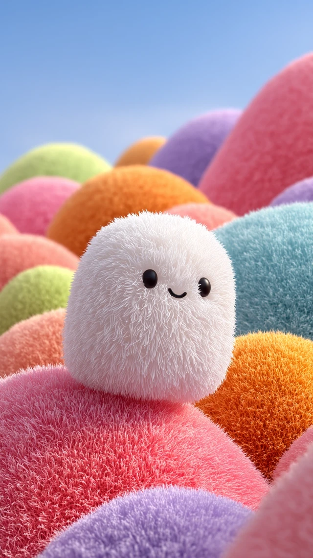 Cute Fluffy Character in Pastel Landscape