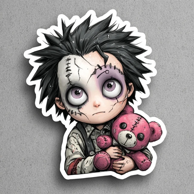 Gothic Doll Boy Sticker with Teddy Bear Vector Art