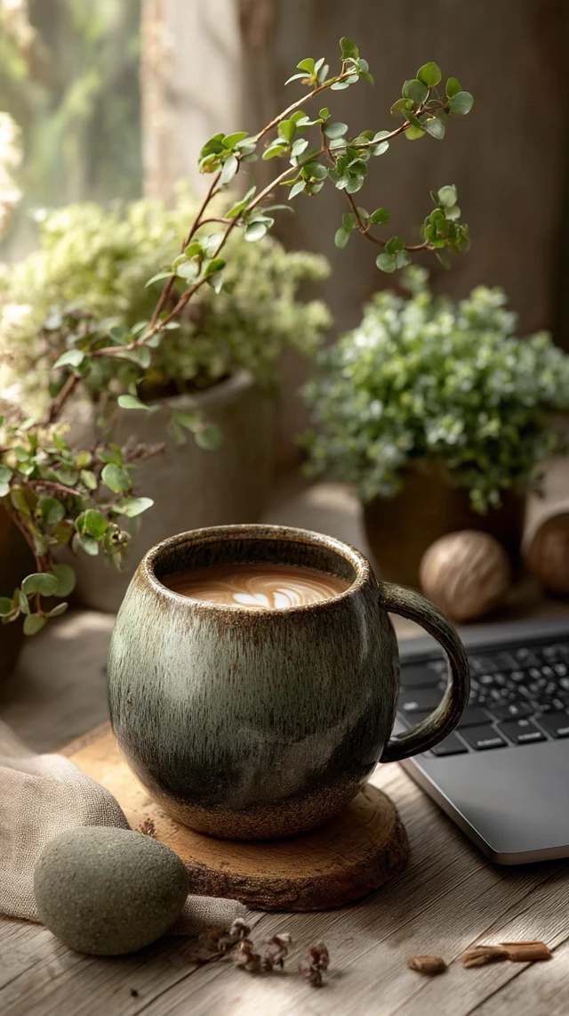 Green Workspace with Laptop and Plants