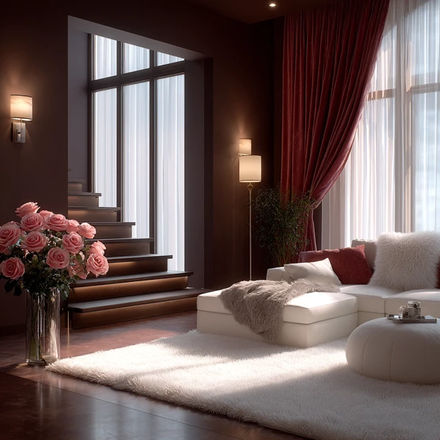Minimalist Dark Interior Design with Pink Roses