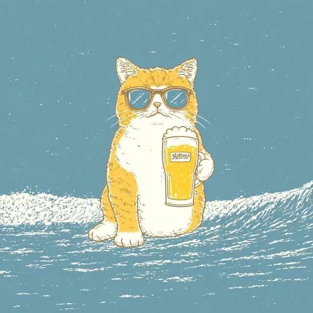 Surfing Cat with Beer Logo Icon