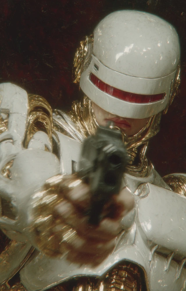 Cyberpunk Robot Warrior Pointing Gun