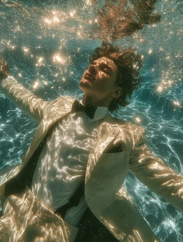 Man in Suit Floating Underwater Artistic Photo