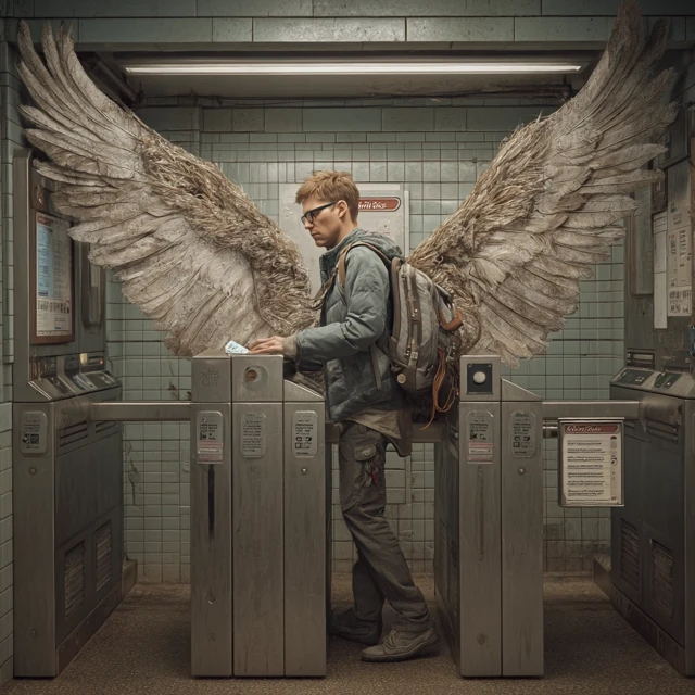 Winged Man Subway Scene Surreal Art