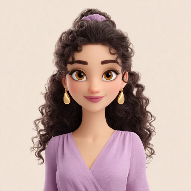 3D Cartoon Portrait: Curly-Haired Woman in Lavender
