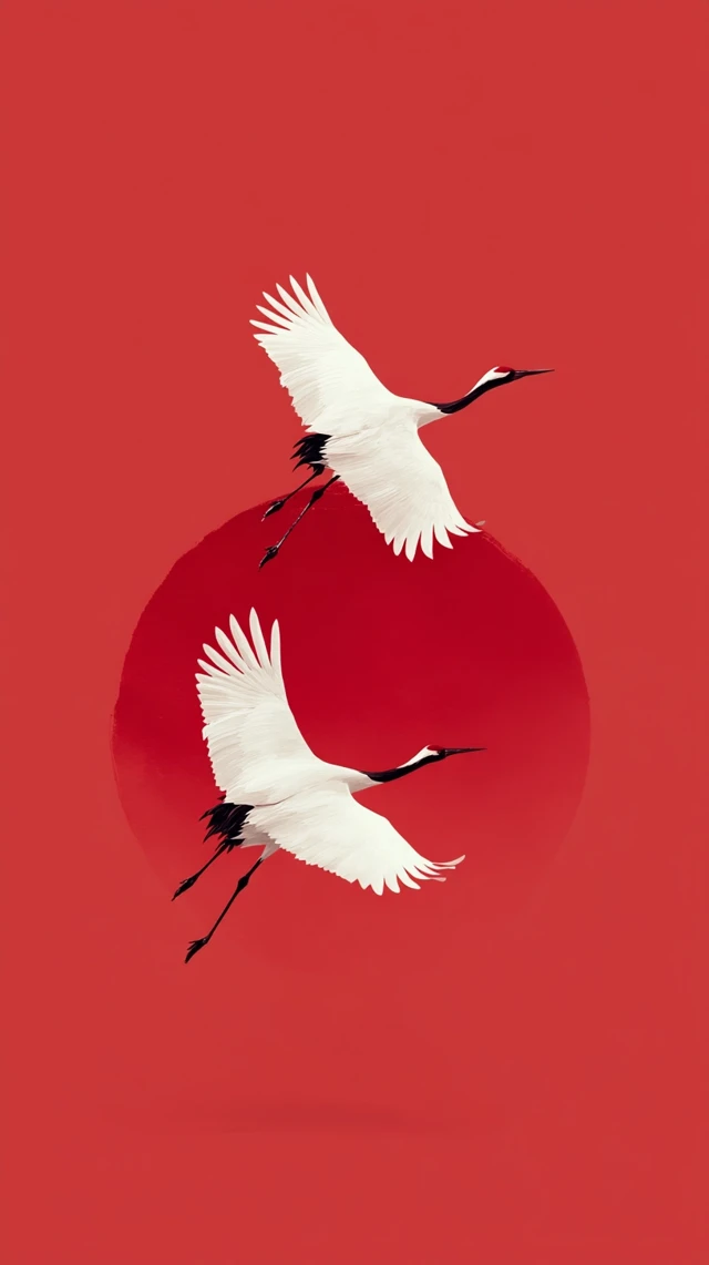 Japanese Crane Painting Red Sun Minimalist Art