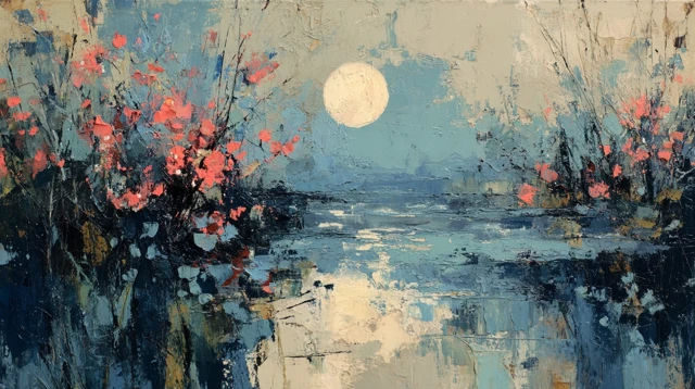 Impressionist Painting Full Moon Over River