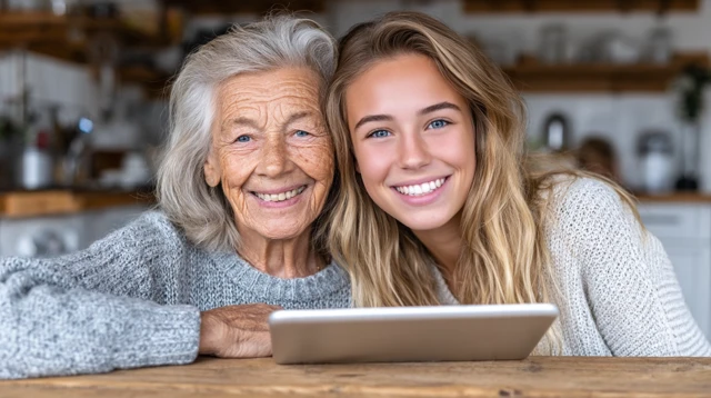 Elderly Woman Learning Tablet with Grandchild