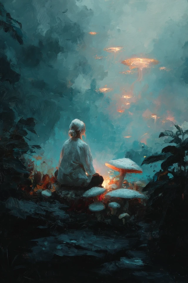 Mystical Oil Painting Woman Meditating Jungle UFOs