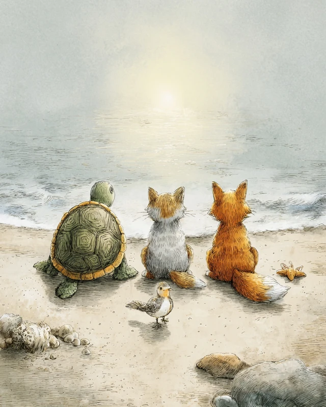 Turtle Cat Fox and Bird Beach Scene