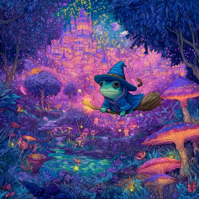 Wizard Frog in Magical Forest Whimsical Illustration