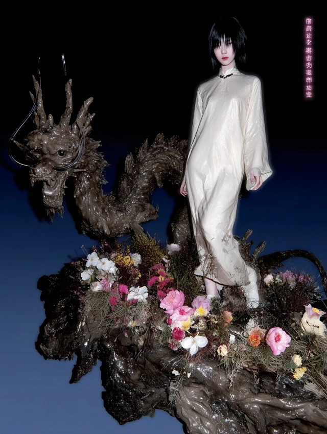 Chinese Model with Dragon and Flowers Artistic Image
