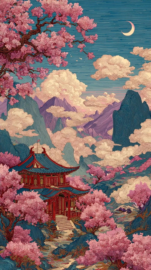 Chinese Ink Painting Cherry Blossom Landscape