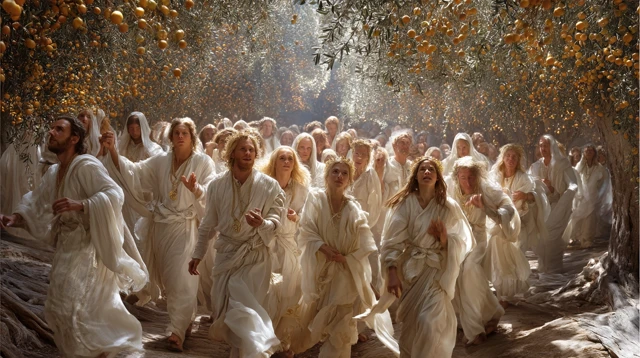 Heavenly Garden People Walking Joyfully