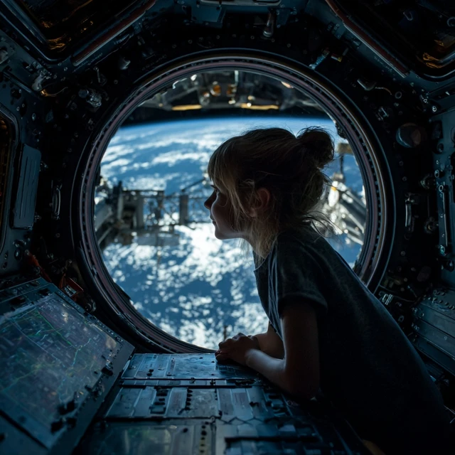 Child Astronaut on ISS Cupola View Earth