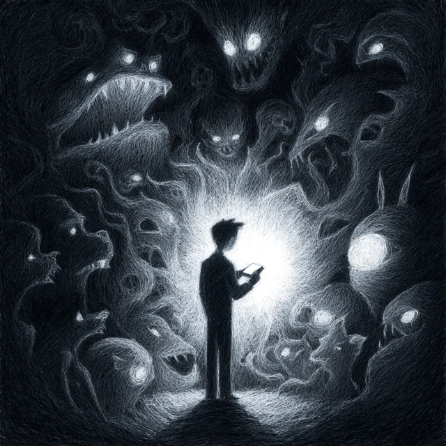 Dark Illustration: Man with Light vs. Monsters