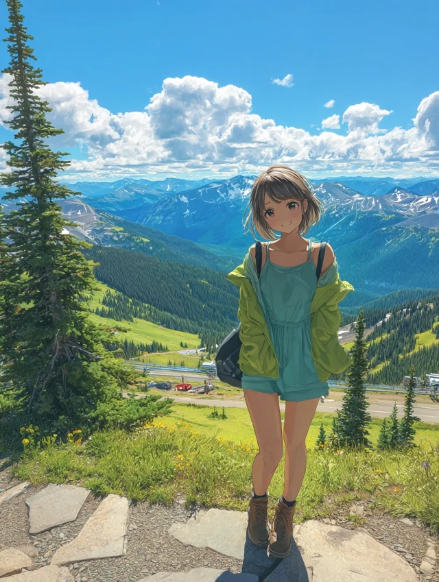 Anime Girl Smiling in Mountains - Summer Scene