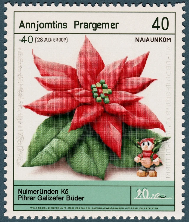 Vintage Stamp with Cubed Poinsettia Flower and Bunny