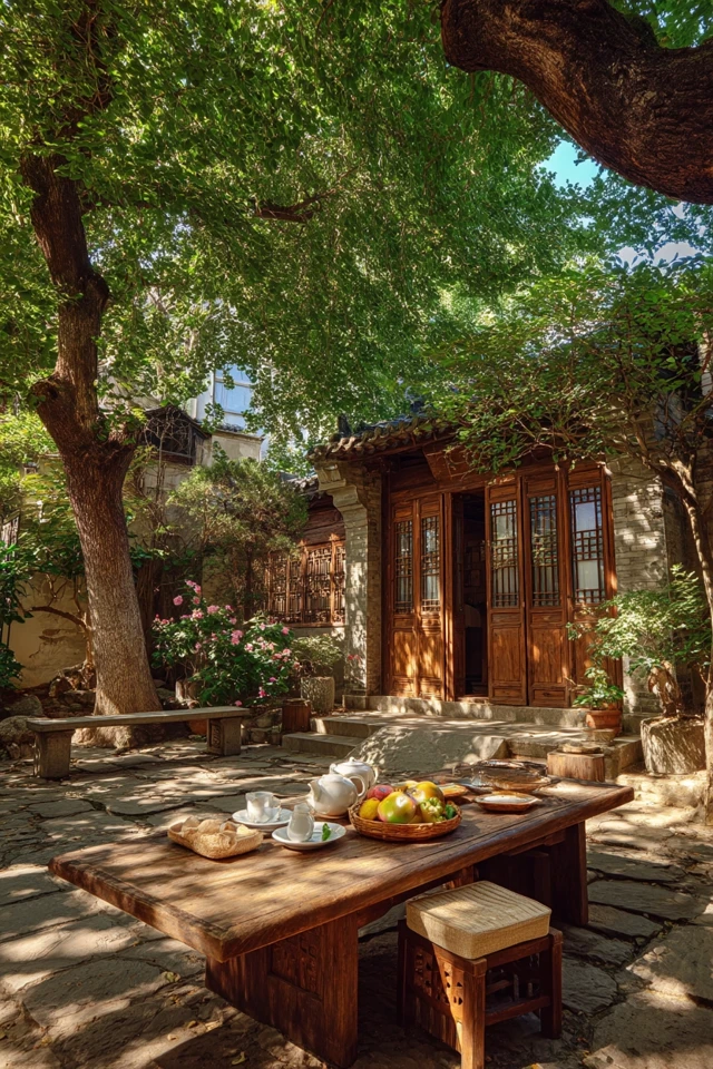 Chinese Courtyard Summer Tea Time Under a Ginkgo Tree