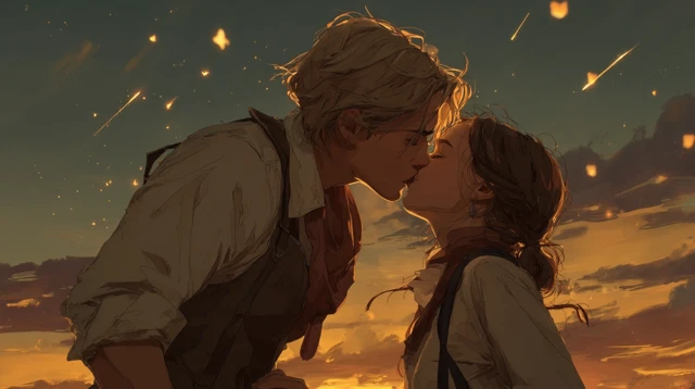 First Kiss Scene Romantic Sunset Illustration 16K