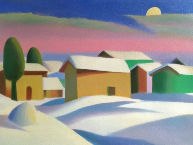Snowy Village Painting Morning Sunrise Sky