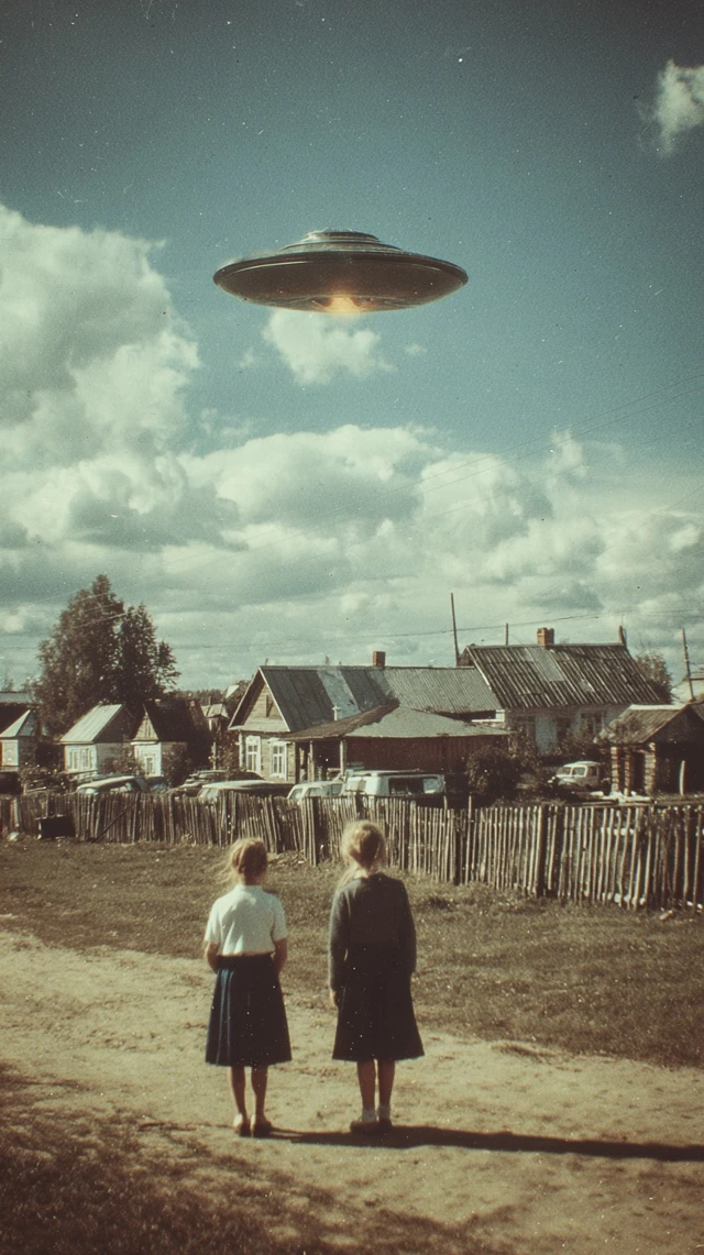 UFO Over Village Retro Photography