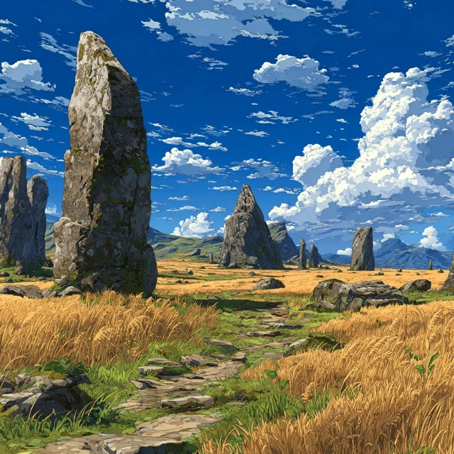 Megalithic Stones Wheat Field Anime Illustration