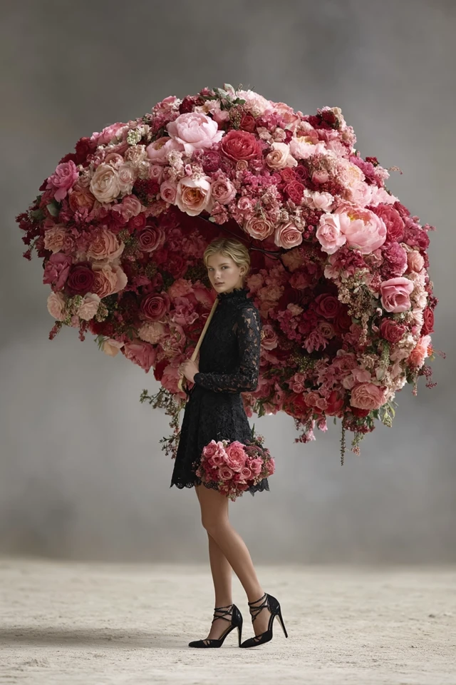 Elegant Woman with Floral Umbrella - High Fashion