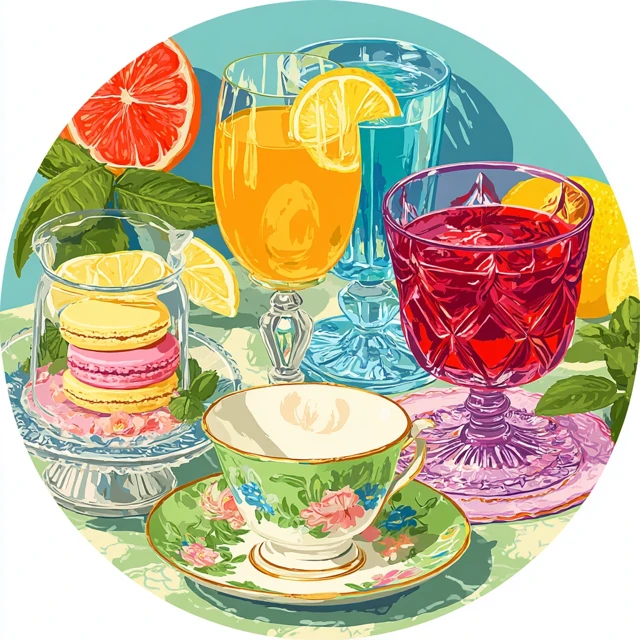 High Tea Still Life Illustration: Sweets, Drinks and Elegance