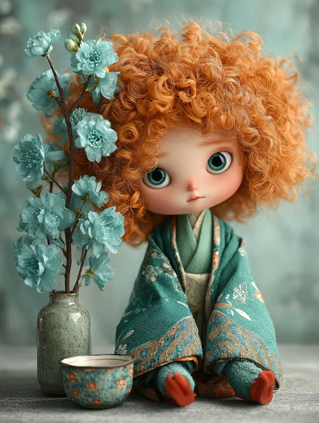 Cute Art Doll with Orange Hair and Teal Flowers