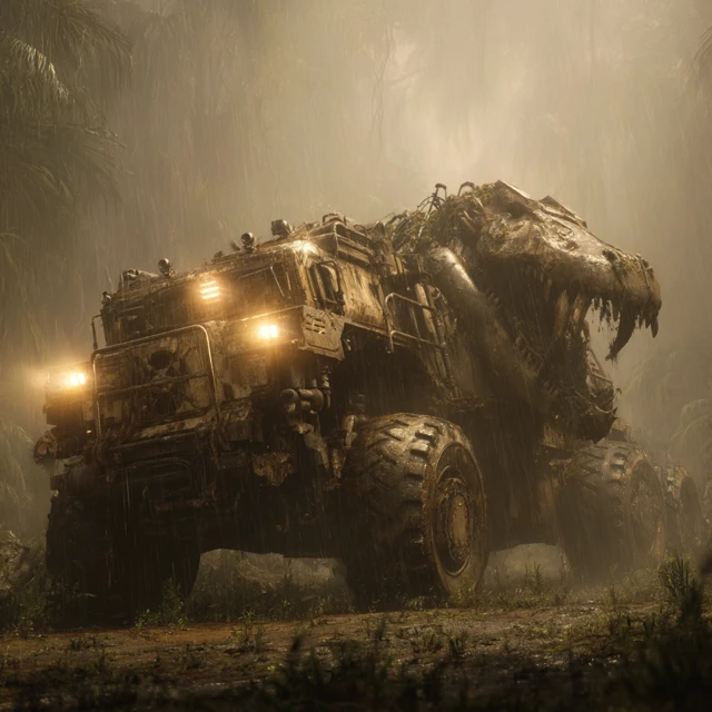 Ork Battlewagon in a Jungle Rainy Scene