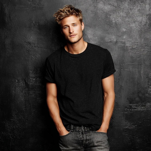 Blonde Male Model in Black TShirt and Jeans