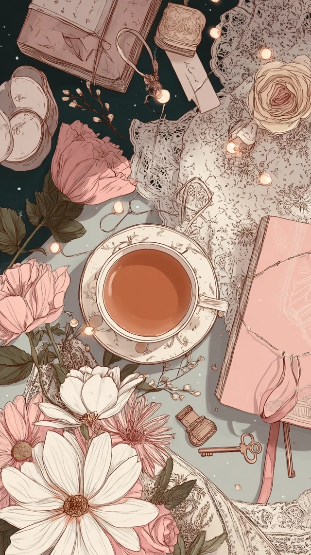 Cottagecore Flatlay Illustration: Flowers Tea and Lace