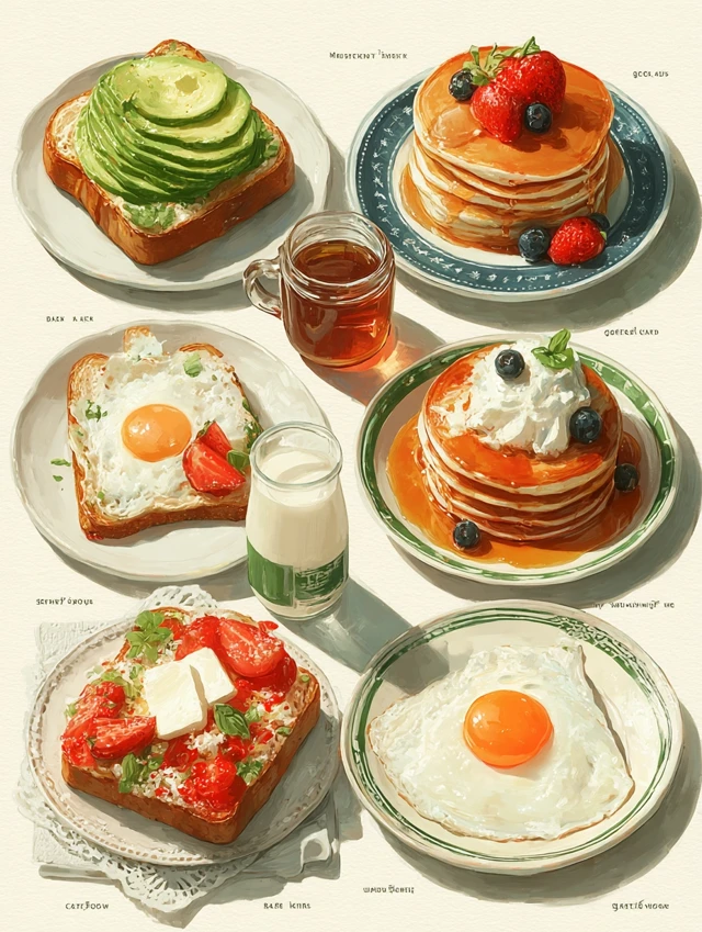 Breakfast Food Illustrations: Avocado Toast and Pancakes