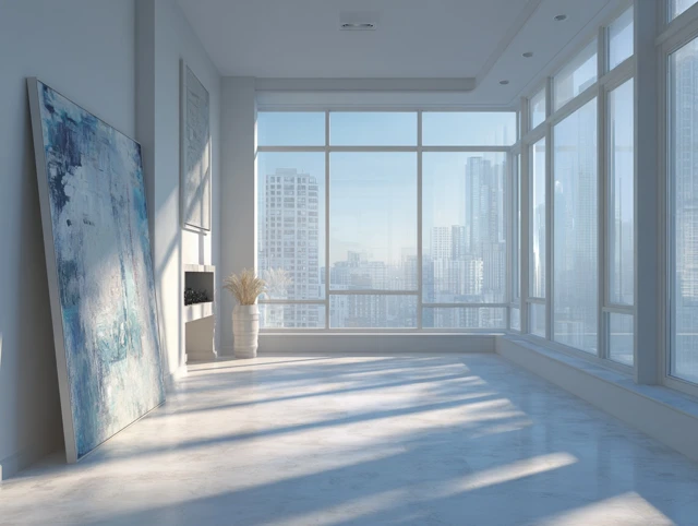 Modern Apartment Interior with City Skyline at Dawn