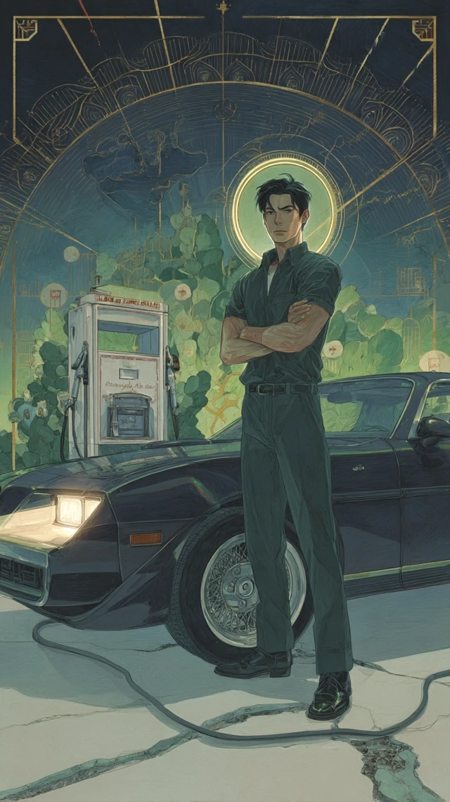 Art Nouveau Tarot Card Asian Man Muscle Car