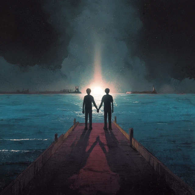 Indie Videogame Art Boys on Pier Horizon